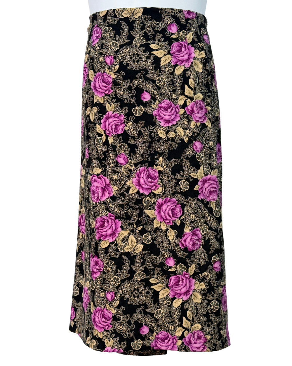 Briggs Sz 18 (37"W) Maxi Skirt Boho Paisley & Floral Print Black Purple Vtg 90s